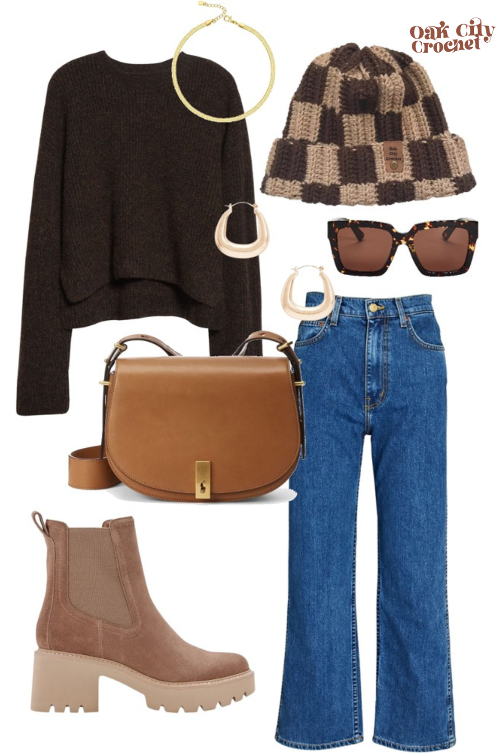 Brown checkered beanie outfit idea for women