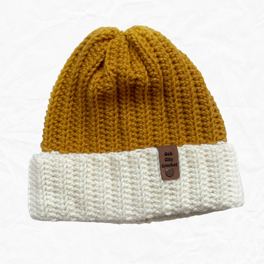 Mustard Yellow & Cream Crochet Beanie Hat