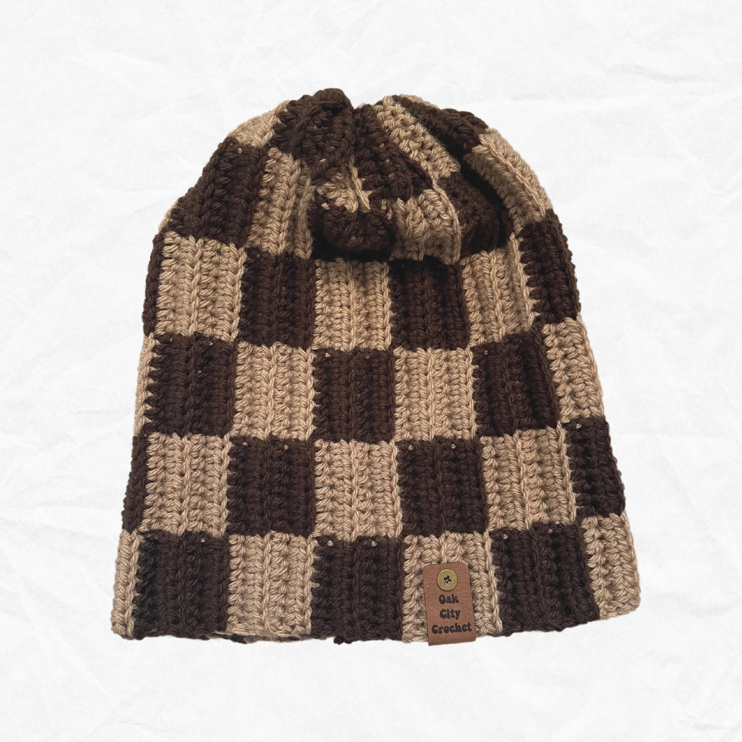 Brown and tan checkered crochet beanie