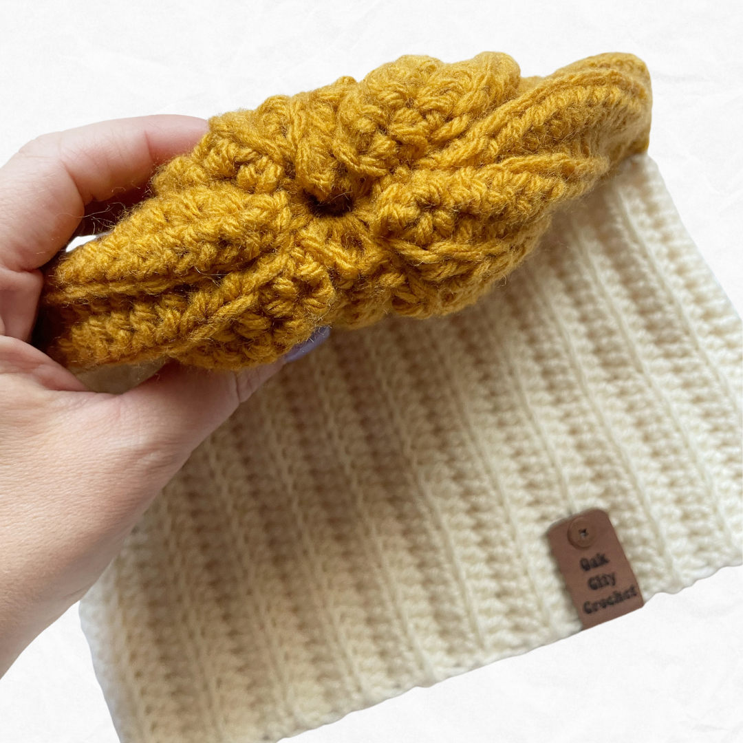 Mustard Yellow & Cream Crochet Beanie Hat